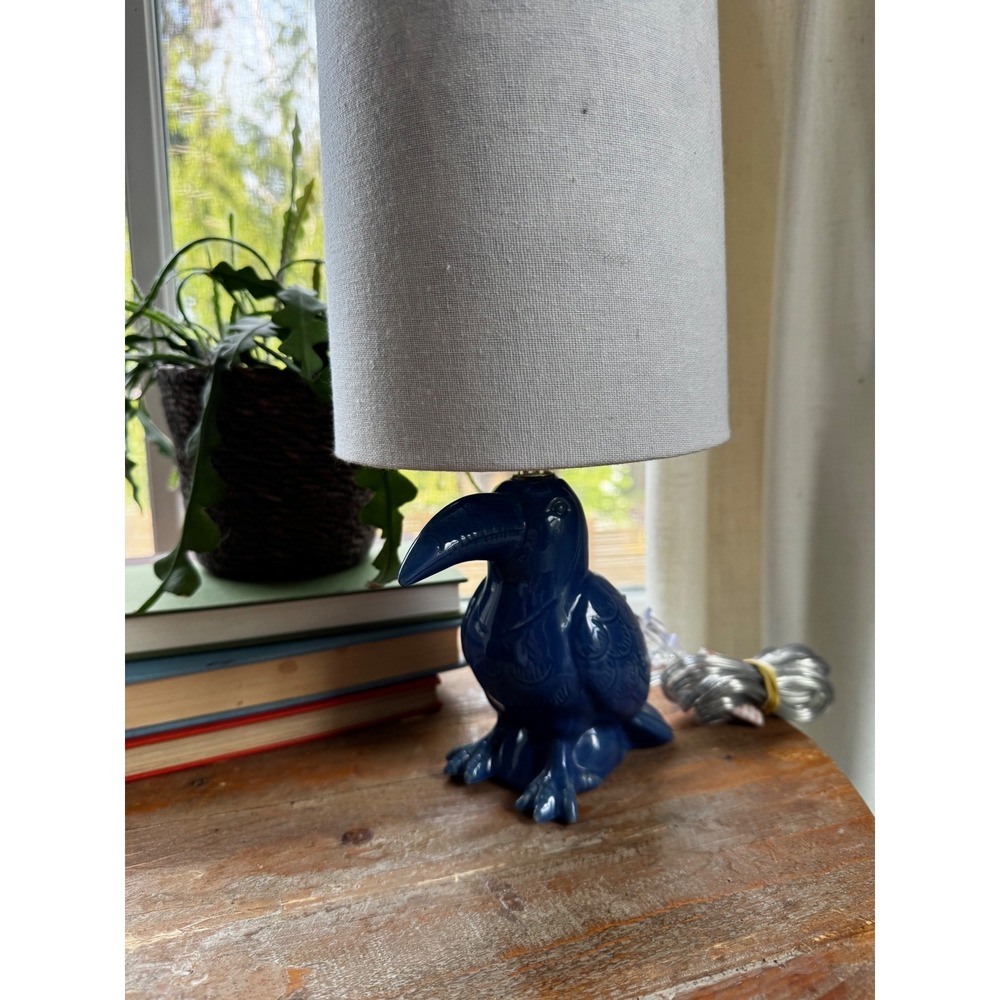 Blue Ceramic Toucan Table Lamp Whimsical Tropical Bird Decor Patterned Shade